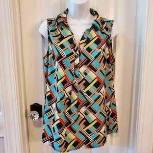 Dana Buchman Multicolor Geometric Sleeveless Blouse - Mod Abstract Art Deco Top